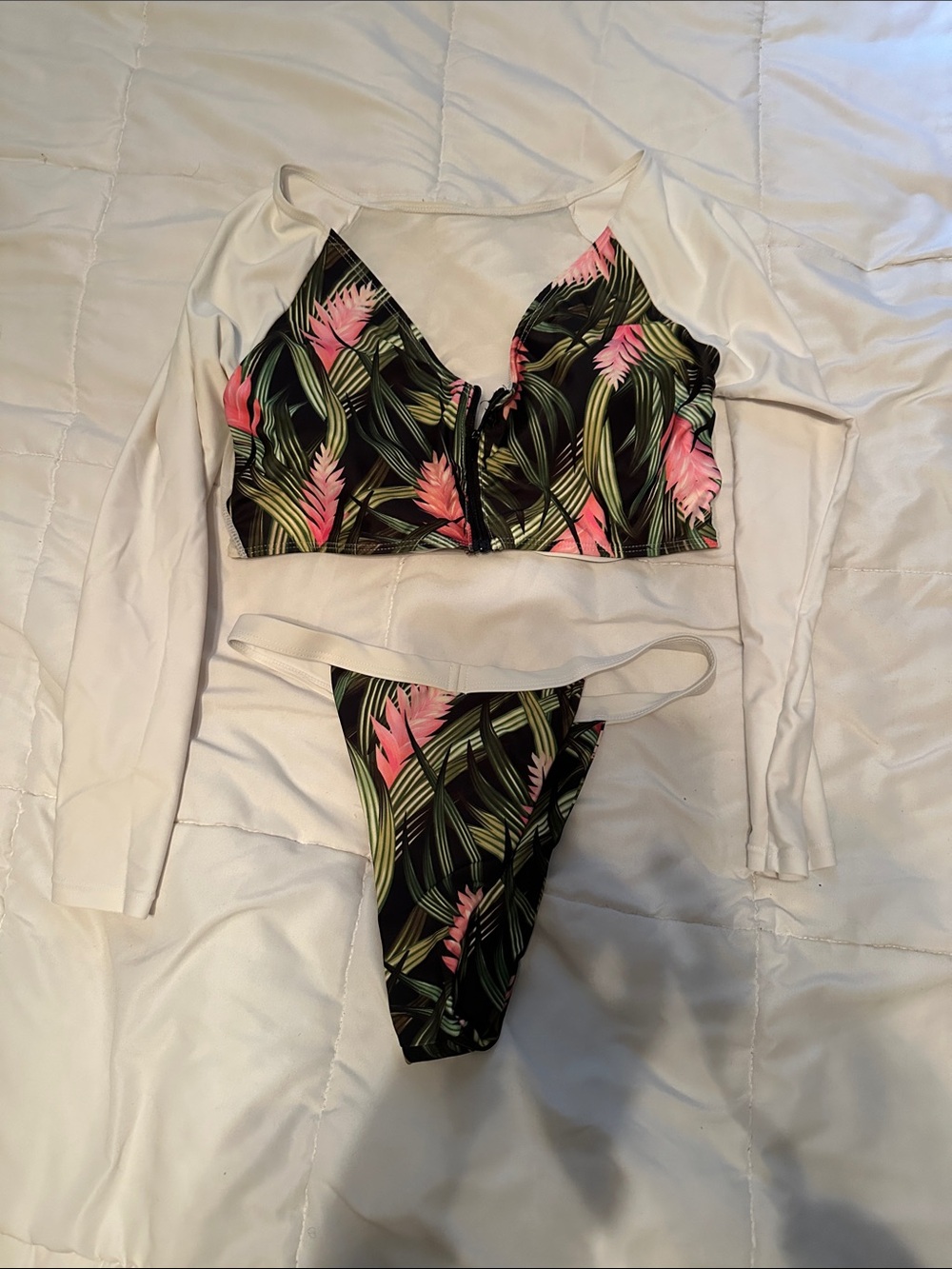 H&M Black Tropical Print Bikini Set with White Rash Guard
